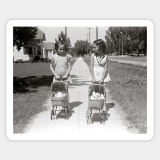 Girls Pushing Baby Buggies, 1941. Vintage Photo Sticker